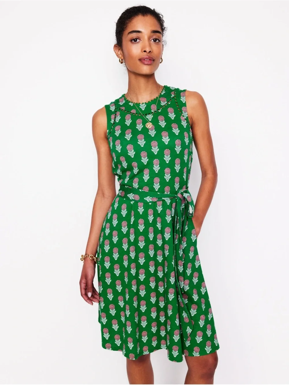 Boden Green Floral Tie-Waist Sleeveless Dress - Picture 2 of 9